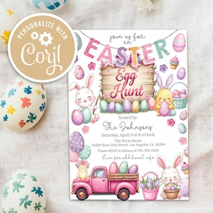 May include: A pink and white printable Easter egg hunt invitation featuring a cartoon truck, bunnies, and eggs. The invitation reads "Join us for an Easter Egg Hunt" and includes the date, time, and location of the event.