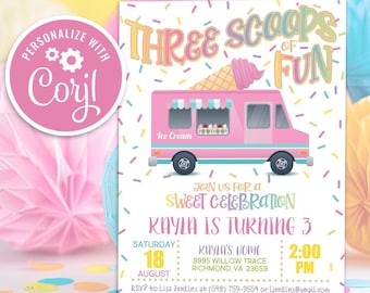 Invitación de helado para tercer cumpleaños: Arcoíris pastel, plantilla editable (descarga digital)