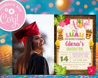 Luau Graduation Invitation: Tropical Hawaiian Theme (Editable Printable Digital Template)