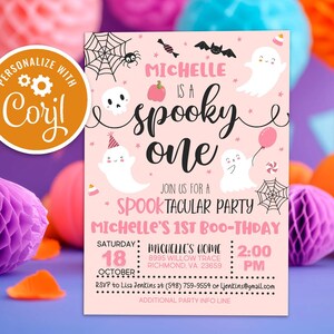 Editable Spooky One Ghost 1st Birthday Invitation, Printable Instant Digital Download Girl First Birthday Invite Template