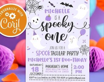 Bearbeitbares Gruseliges Halloween 1. Geburtstagsparty-Einladung, niedliches lila Mädchen-Geist 1