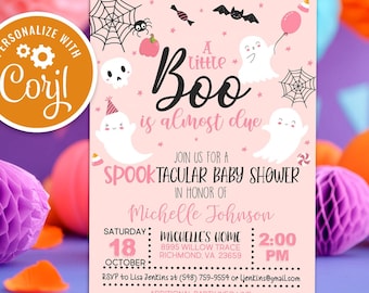 Bearbeitbare gruselige kleine Boo-Babyparty-Einladung, Rosa Geist-Baby-Dusche-Einladung Halloween Rosa Geist-Baby-Dusche Sofort Download