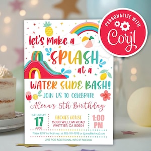 Rainbow Waterslide Birthday Invitation: Summer Splash Bash (Editable Printable)