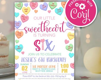 Sweetheart 6th Birthday Invitation: Editable Valentine's Day Conversation Hearts Template (Digital Download)
