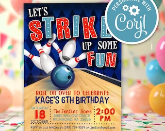 Bowling Birthday Party Invitation, Let&#39;s Strike Up Some Fun Editable Printable Instant Download Digital Template Invite