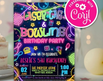Neon Laser Tag and Bowling Birthday Invitation: Editable Kids Party Invite Template  (Instant Download)