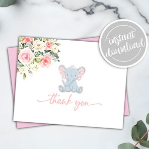 Blush Pink Rose Floral Elephant Baby Shower Folded Postcard Thank You Card Girl Elephant Thank You Printable Card Printable Instant Download