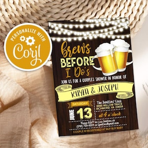 Convite para chá de panela de casal Brews Before I Do's, festa de noivado com cerveja rústica, editável, para impressão, download instantâneo, modelo de convite digital