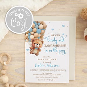 Teddy Bear Baby Shower Invitation: Blue Balloons, Editable Template (Digital)