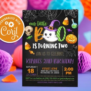 Editable Our Little Boo is Turning Two Invitation, Spooktacular Halloween Birthday Printable Instant Download Invite Template