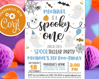 May include: A Halloween-themed invitation with the text "Michael is a spooky one." The invitation features illustrations of ghosts, pumpkins, and spiderwebs. The party details include the date, time, and location.