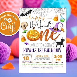May include: A Halloween-themed invitation with the text "happy Hallo-one" and a pumpkin illustration. The invitation includes details for a first birthday party, with a black cat and witch hat graphic. The background features orange and purple honeycomb decorations.