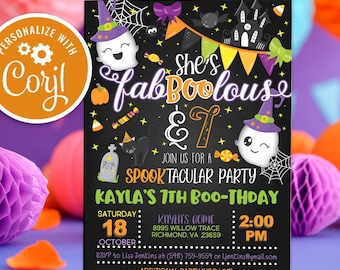 May include: A Halloween-themed invitation with the text "She's fabBOOlous & 7" on a black background. The invitation includes cartoon ghosts, a black cat, and a haunted house. The invitation is for Kayla's 7th Boo-thday party.