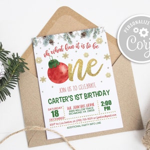 Christmas 1st Birthday Invitation: &quot;Oh What Fun&quot; Holiday Theme (Editable Digital Template 5x7&quot; )