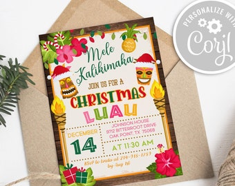 May include: A Christmas Luau invitation with a tropical theme. The invitation features a tiki hut, palm trees, and a festive Christmas wreath. The text reads "Mele Kalikimaka, Join us for a Christmas Luau, December 14, at 11:30 AM".