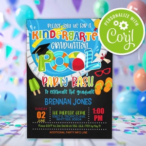 Kindergarten Graduation Pool Party Bash Invitation Grad Summer Swimming Party Editable Printable Instant Download Digital Invite Template