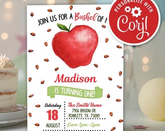 Editable Apple First Birthday Party Invitation, 1st Apple of Our Eye Bushel of Fun Fall Printable Instant Download Digital Invite Template