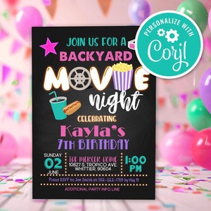 Movie Night Birthday Invitation: Pink Sleepover Party (Editable Digital Template)
