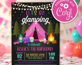 Let&#39;s Go Glamping Birthday Invitation, Camping Sleepover Slumber Party Camping Editable Printable Instant Download Digital Template Invite