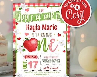 Editable Apple First Birthday Party Invitation 1st Apple of Our Eye Bushel of Fun Fall Printable Instant Download Digital Invite Template