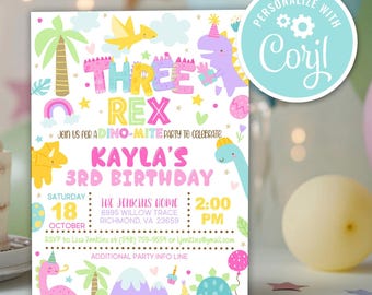 Editable Three Rex Dinosaur Birthday Party Invitation Pink T-Rex Dinosaur 3rd Birthday Party T-Rex Dino Rawr Birthday Party Download