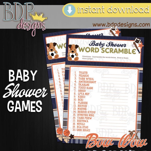 Bow Wow Word Scramble Shower Game, Dog Baby Shower, Sports Baby Shower Games, Dog Baby Shower Games, Baby Shower Games Download, Shower Game