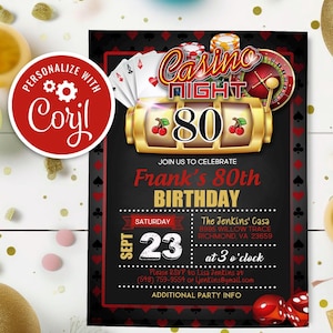Casino Night 80th Birthday Invitation: Vegas Theme (Editable Printable)