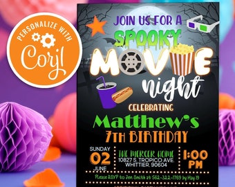 May include: A black and green Halloween-themed invitation for a spooky movie night party celebrating Matthew's 7th birthday. The invitation features a film reel, popcorn, a hot dog, a soda, and 3D glasses. The party is on Sunday, 2nd June at 1:00 PM at the Mercer Home, 10827 S. Tropico Ave, Whittier, 90604. Please RSVP to Zen Smith at 562-322-1769 by 19th May.
