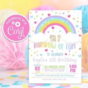 Editable Rainbow Birthday Party Invitation Pastel Rainbow of Fun Girl Birthday Printable Instant Download Digital Invite Template