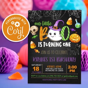 May include: A Halloween-themed invitation with a black chalkboard background. The invitation features a cute ghost, a pumpkin, and the text "our little BOO is turning one." Additional text includes party details and the option to personalize with Corjl.