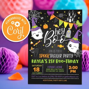 Editable Halloween Ghost Birthday Invitation Hey Boo Girly Cute Ghost Birthday Party Spooktacular Halloween Party Instant Download Template