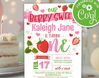 Editable Strawberry Berry Sweet 1st Birthday Invitation, Editable Printable Instant Download Digital Summer First Birthday Invite Template