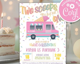 Ice Cream Truck Birthday Invitation: Two Scoops, Editable Summer Invite (Digital Download)