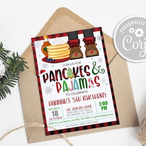 Christmas Pancakes and Pajamas Birthday Invitation: Editable Flapjack Brunch (Digital Template)