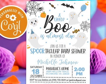 Editable A Little Boo is Almost Due Baby Shower Invitation, Spooky Cute Halloween Baby Shower Invite Ghost Boy Baby Template Download