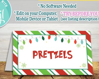 Editable Christmas Food Label Tent Card, Printable Christmas Birthday Party Bridal Shower Instant Digital Download Template GP6
