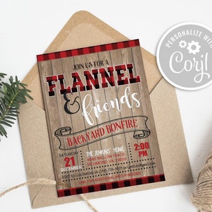 Flannel and Friends Backyard Bonfire Invitation, Rustic Buffalo Plaid Christmas Party Invitation Printable Instant Download Invite Template
