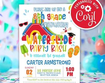 Editable 8th Grade Graduation Waterslide Pool Party Invitation (Digital Download)