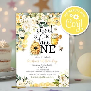 Editable So Sweet to Bee One 1st Birthday Invitation, Honey Bumble Bee Flowers Honeycomb Birthday Printable Instant Download Invite Template