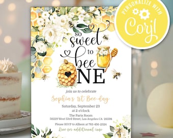 Editable Bee 1st Birthday Invitation, Sweet to Bee One Party Invite (Digital Download)