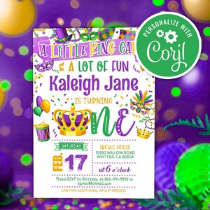 Invitación para el primer cumpleaños de Mardi Gras: Roscón de Reyes, plantilla editable (descarga digital)