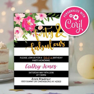 Forty and Fabulous Birthday Invitation Adult Women 40th Party Glam Elegant Editable Printable Instant Download Digital Invite Template