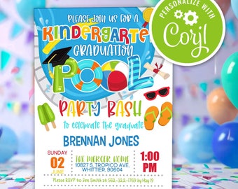 Kindergarten Graduation Pool Party Bash Invitation, Grad Summer Swimming Party Editable Printable Instant Download Digital Invite Template