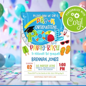 Pre-K Pool Party Graduation Invitation, Pre-K Graduation Invite, Preschool Graduation Party Printable Instant Download Invite Template