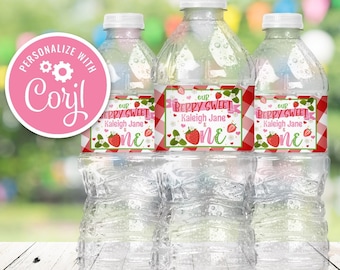 Strawberry 1st Birthday Water Bottle Labels: Berry Sweet Decor (Editable Template)
