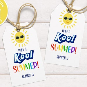 Etiqueta "Ten un verano genial", "Verano genial", "Último día de clases", "Regalo de verano para maestros", "Etiquetas de recuerdo de fin de clases", "Sol", "Descargar"