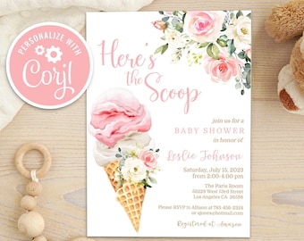 Eis-Babyparty-Einladung: rosa Blumen, bearbeitbar (digitaler Download)
