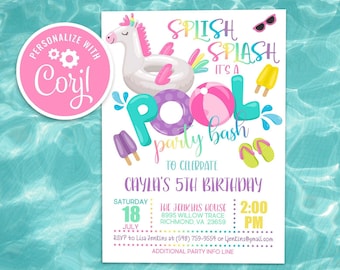 Unicorn Pool Party Birthday Invitation: Editable Girl's Splash Bash (Digital Template)