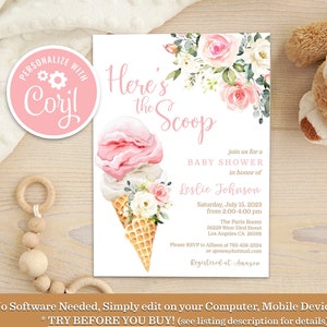 Ice Cream Baby Shower Invitation Girl Baby Shower Invite Here's the Scoop Pink Brown Summer Digital Editable Printable Download Template