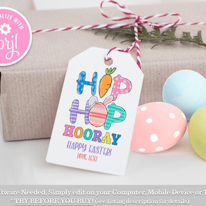 Editable Easter Tag, Hip Hop Hooray Favor Tags Easter Egg Bunny Favor Gift Tag, Easter Basket Tags, Printable School Cookie Easter Tag